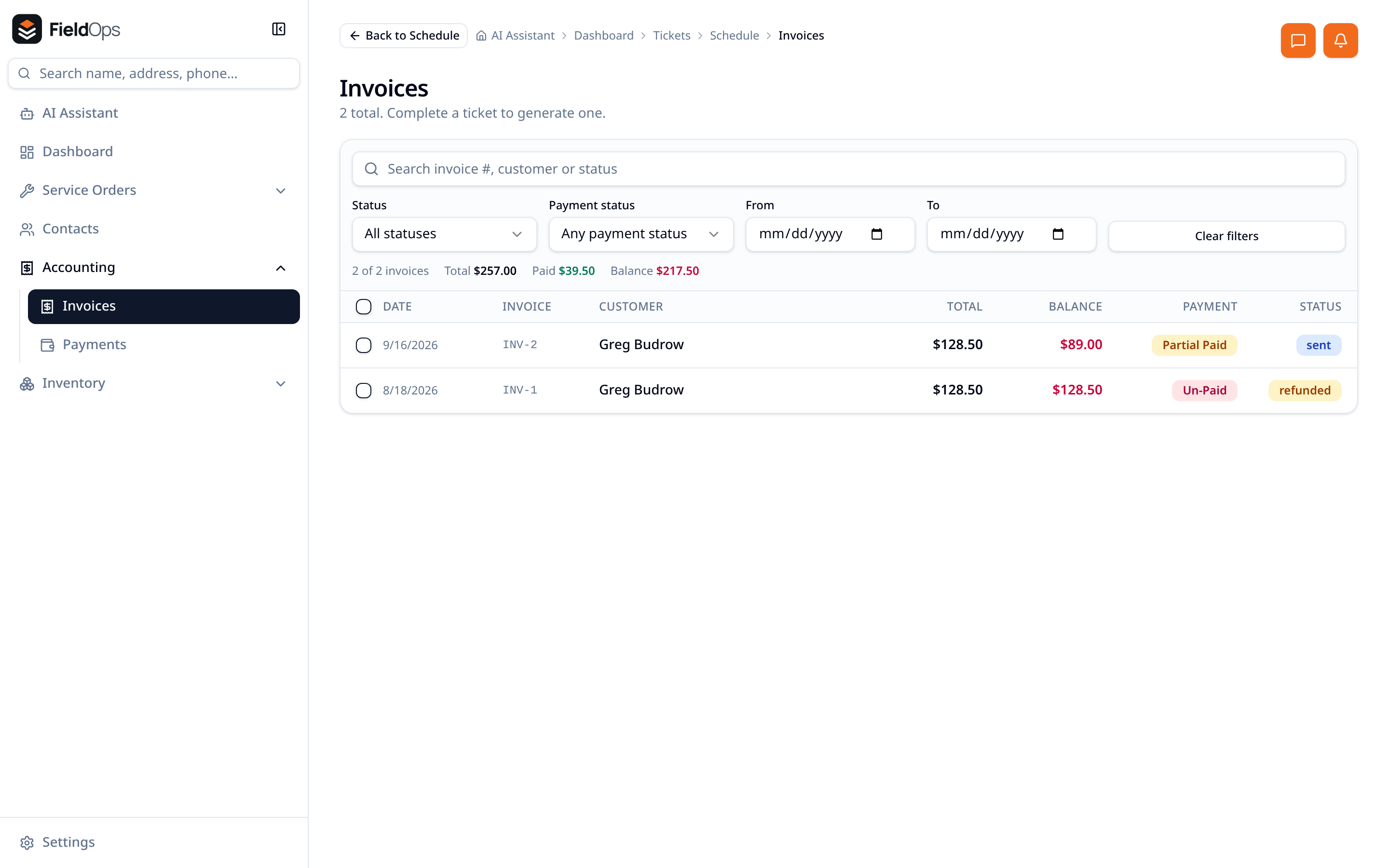 Invoice list with totals, balance, payment status and filters